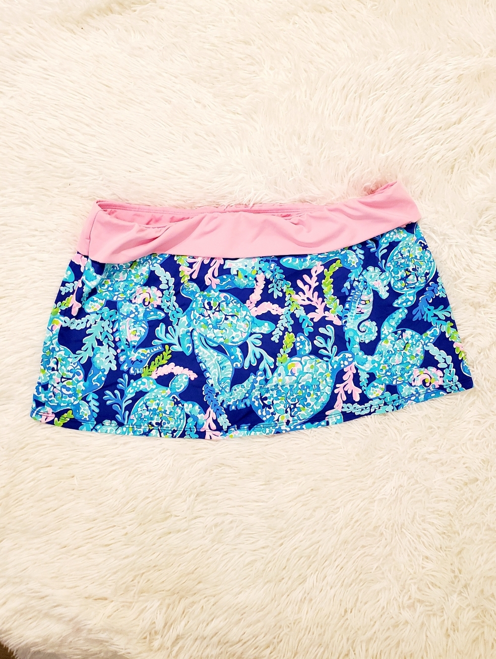 Lilly Pulitzer Blue Multi Seahorse Print Swim Skirt with Pink Waistband